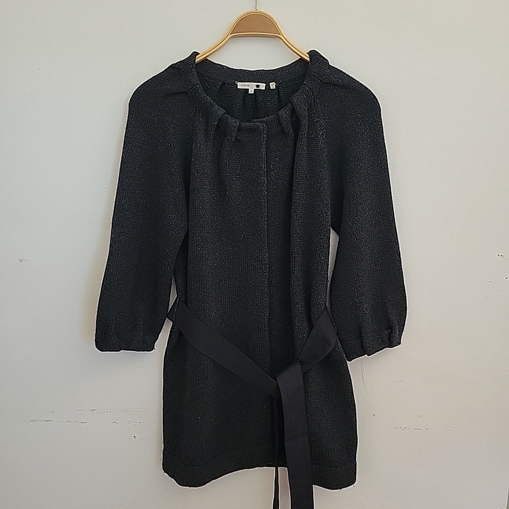 Vince Alpaca Wool Cashmere Cardigan Gray Belted Knit‎ Snap Button Classic Preppy